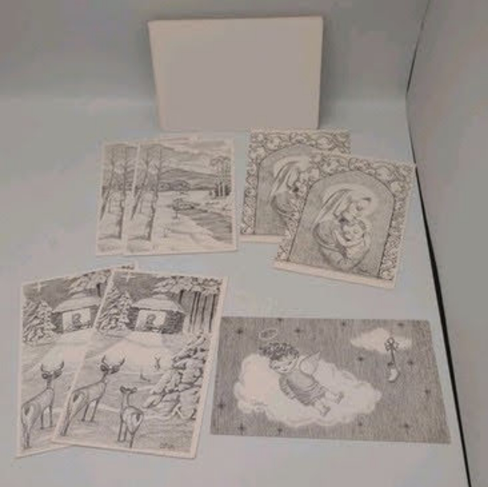 Set of 7 Vtg Blank Note Card Ann Adams Mouth Drawn Pencil Art Bridge Mother Mary